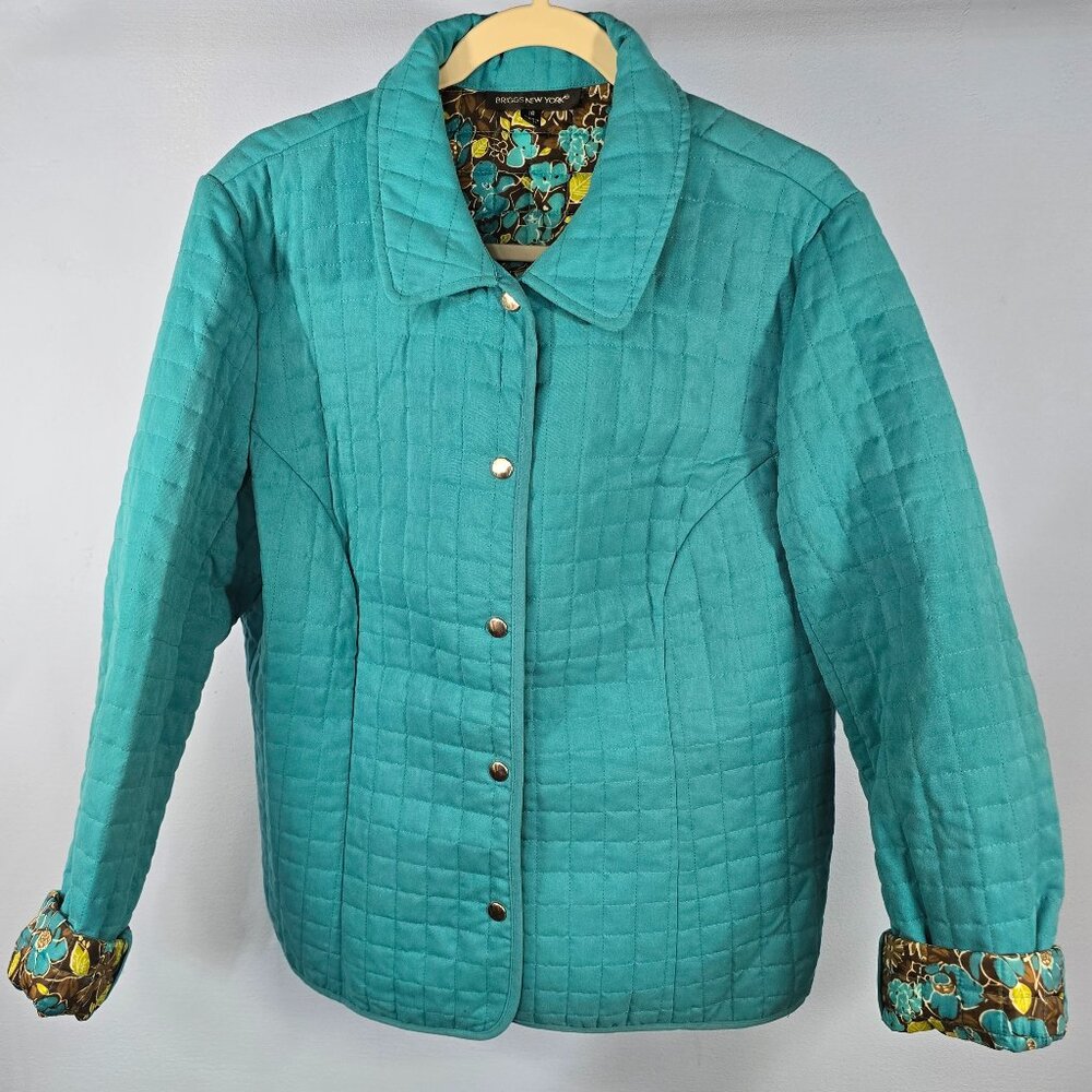 Briggs NY Quilted Jacket Blue Coat With Floral Print Inside Women's Sz 18 (P-23)
